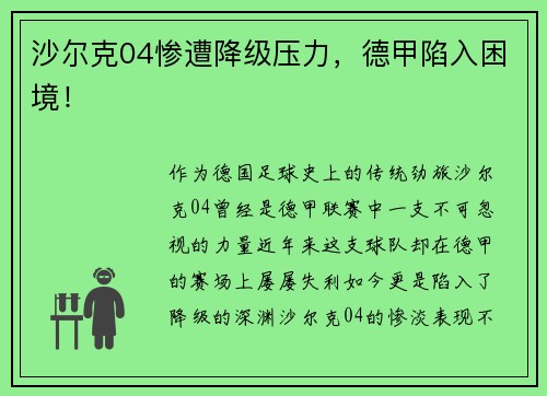 沙尔克04惨遭降级压力，德甲陷入困境！